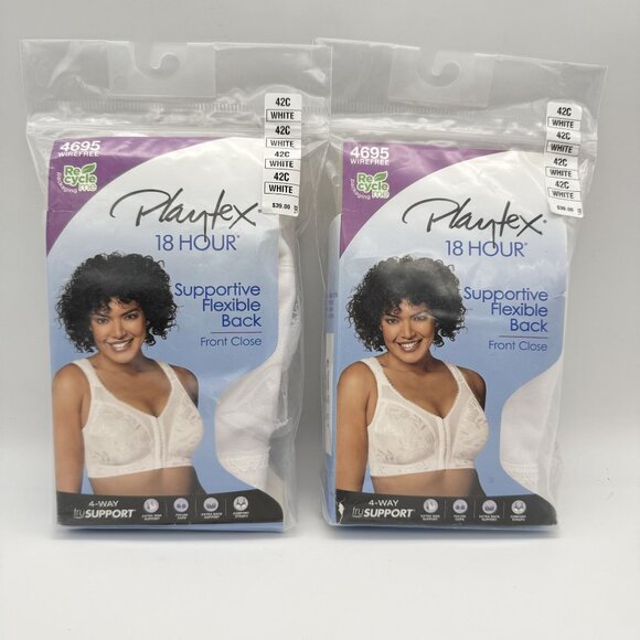 Playtex 18 Hr Supportive Flexible Back Front Close Bras (2) 42C White Wire-Free - Picture 1 of 7